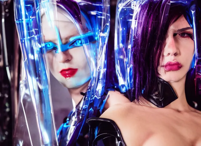 Image similar to a close - up of cyberpunk european man women with black eyes and pretty face wearing latex catsuit and lots of transparent and cellophane accessories, blue hour, twilight, cool, unsettling set design with extreme detail, moody cinematography, crisp, by mayumi hosokura