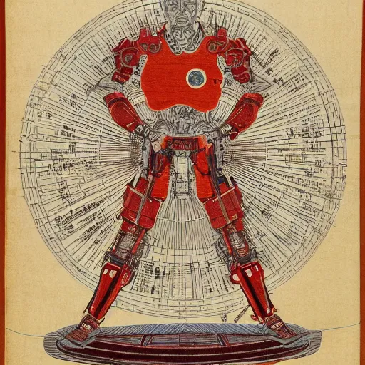 Image similar to a brilliantly colored Japanese scroll of an exploded diagram of a detailed engineering schematic of a cyborg samurai made by an AI in the pose vitruvian man in the style of jean giraud , post-processing , award winning, photo realistic, aged blood stains