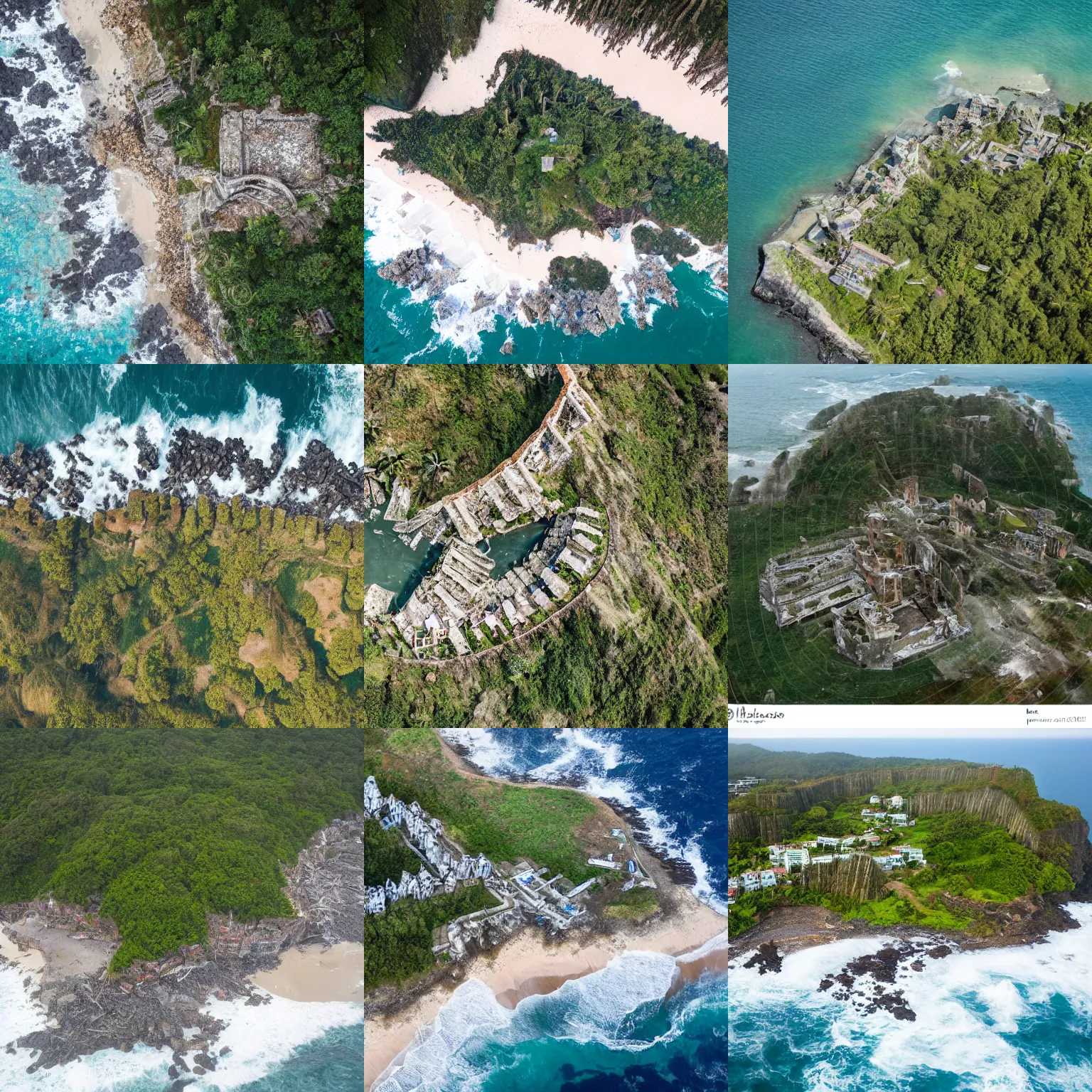 Prompt: aerial view of coastal village ruins, rough sea and forest mountain