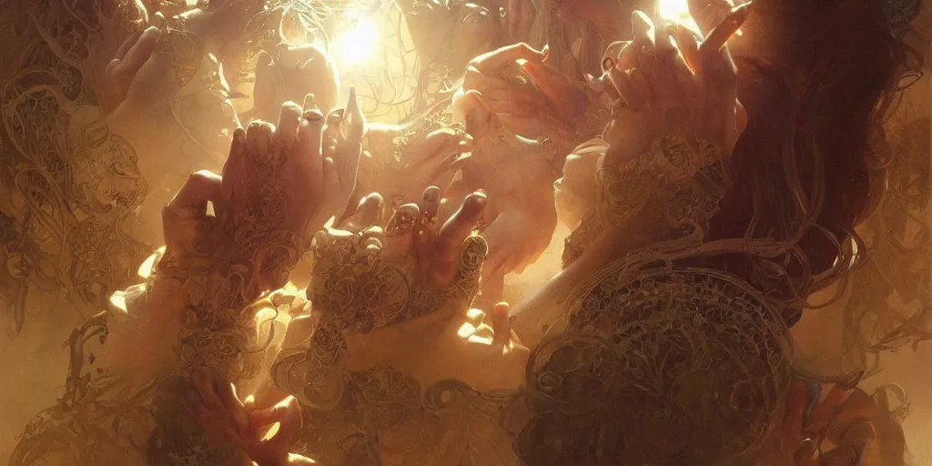 Image similar to too many hands, gnarled, so many hands, fingers, weird amount of hands, intense lighting, light beams, lens flare, intricate, elegant, highly detailed, digital painting, artstation, concept art, smooth, sharp focus, illustration, art by artgerm and greg rutkowski and alphonse mucha