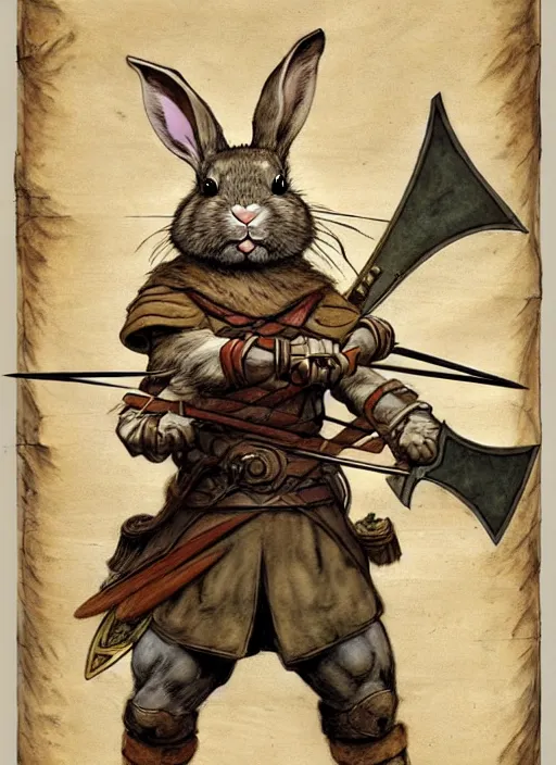 Image similar to a heroic rabbit archer with sword and shield on a parchment background, redwall, greg rutowski and jean baptiste monge, detailed, epic fantasy concept art