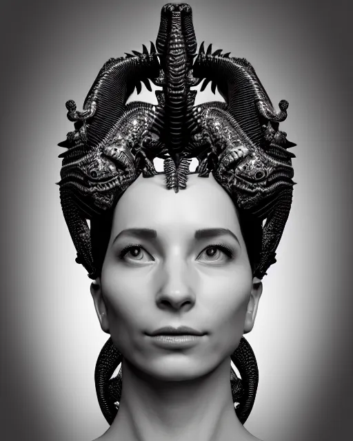 Image similar to a black and white 3D render of a young beautiful female queen-dragon-cyborg bust with a very long neck and Mandelbrot fractal face, Mandelbrot fractal skin, flesh, anatomical, facial muscles, veins, arteries, elegant, highly detailed, flesh highly baroque ornate, hair are cable wires, elegant, high fashion, rim light, octane render, in the style of H.R. Giger, Realistic, Refined, Digital Art, Highly Detailed, Cinematic Lighting, rim light, black and white, photo-realistic, 8K