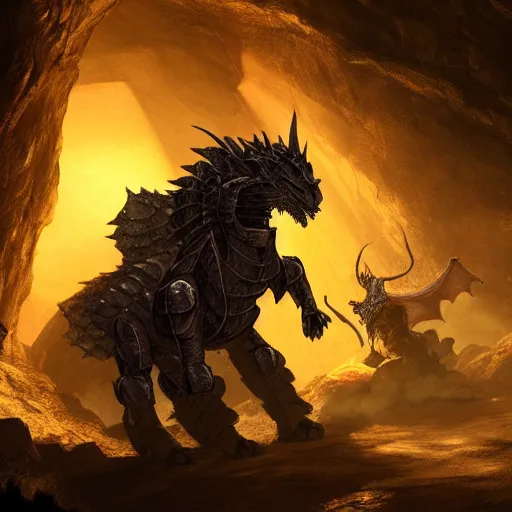 Prompt: photo of an armored knight confronting a large red scaly dragon sleeping on a mountain of human bones in a dark dusty cave with a ray of light shining on it\'s face. The knight is very small in comparison to the dragon. The cave is full with sparkling gemstones and gold. Very detailed 8k. fantasy