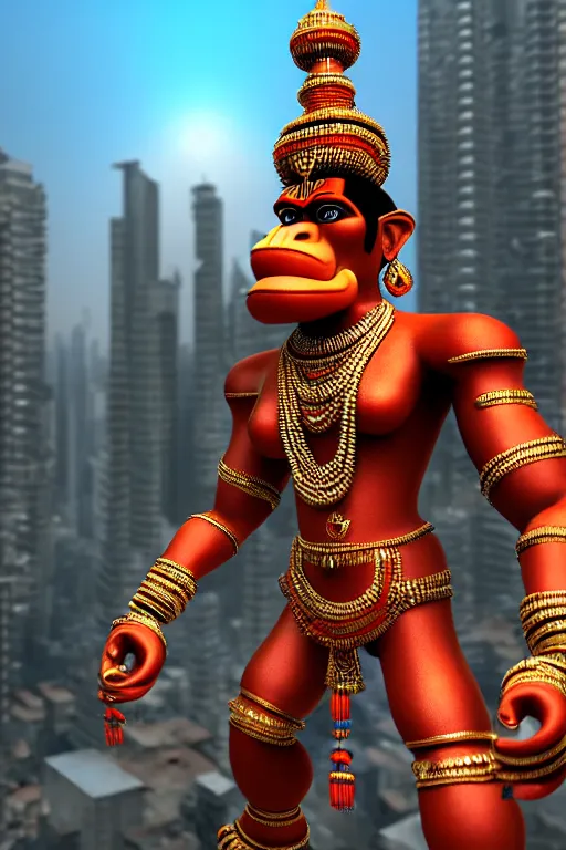 Prompt: high quality 3 d render cyborg hanuman! madhubani, highly detailed, cyberpunk!! mumbai in the background, unreal engine cinematic smooth, szukalski ravi varma, moody light, low angle, uhd 8 k, sharp focus