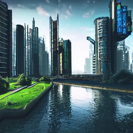 Prompt: a cyberpunk building by a river in a grassy landscape