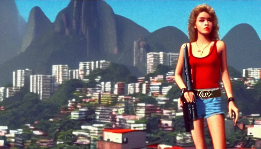 Image similar to 1 9 8 6 movie screencap of a girl with a gun on a rio de janeiro, gucci clothes, sparkes sky, beautiful favela background extremely utra high quality artwork 8 k