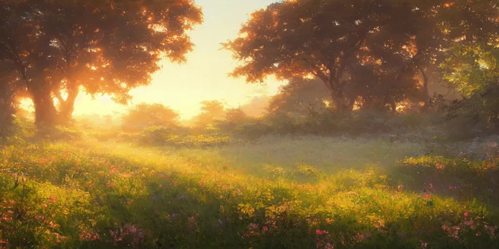 Prompt: an extraordinarily beautiful oil painting of a landscape in spring during sunrise ; lush vegetation ; the most beautiful painting in the world ; by makoto shinkai and craig mullins