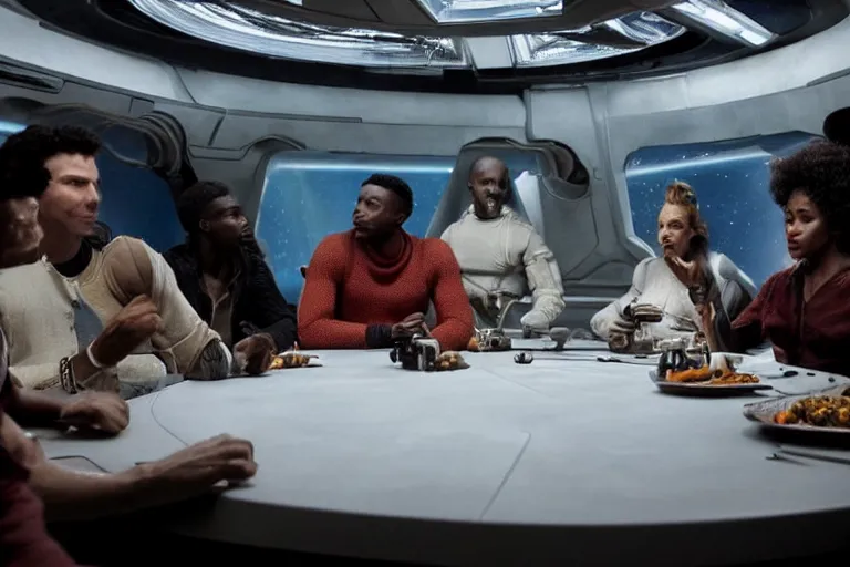 Prompt: movie diverse interracial team of European sci-fi futuristic space explorers talking at the table in a spaceship, beautiful skin, Symmetrical faces. Beautiful lighting by Emmanuel Lubezki