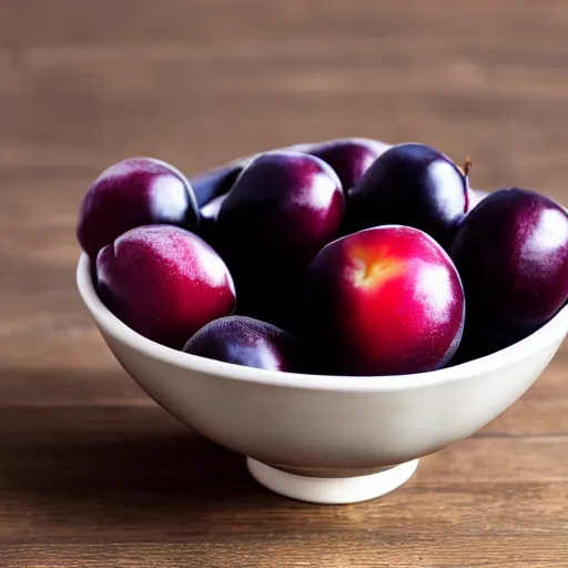 Image similar to a porcelain bowl filled with six large moist freshly picked plums. volumetric lighting. 4 k. small scale.