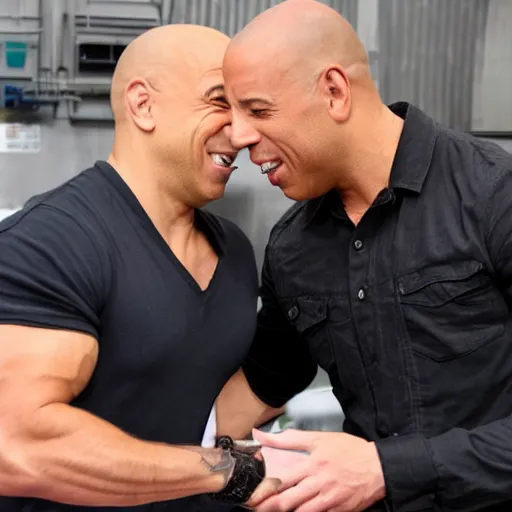 Image similar to a high quality photograph of vin diesel meeting Mark Sinclair