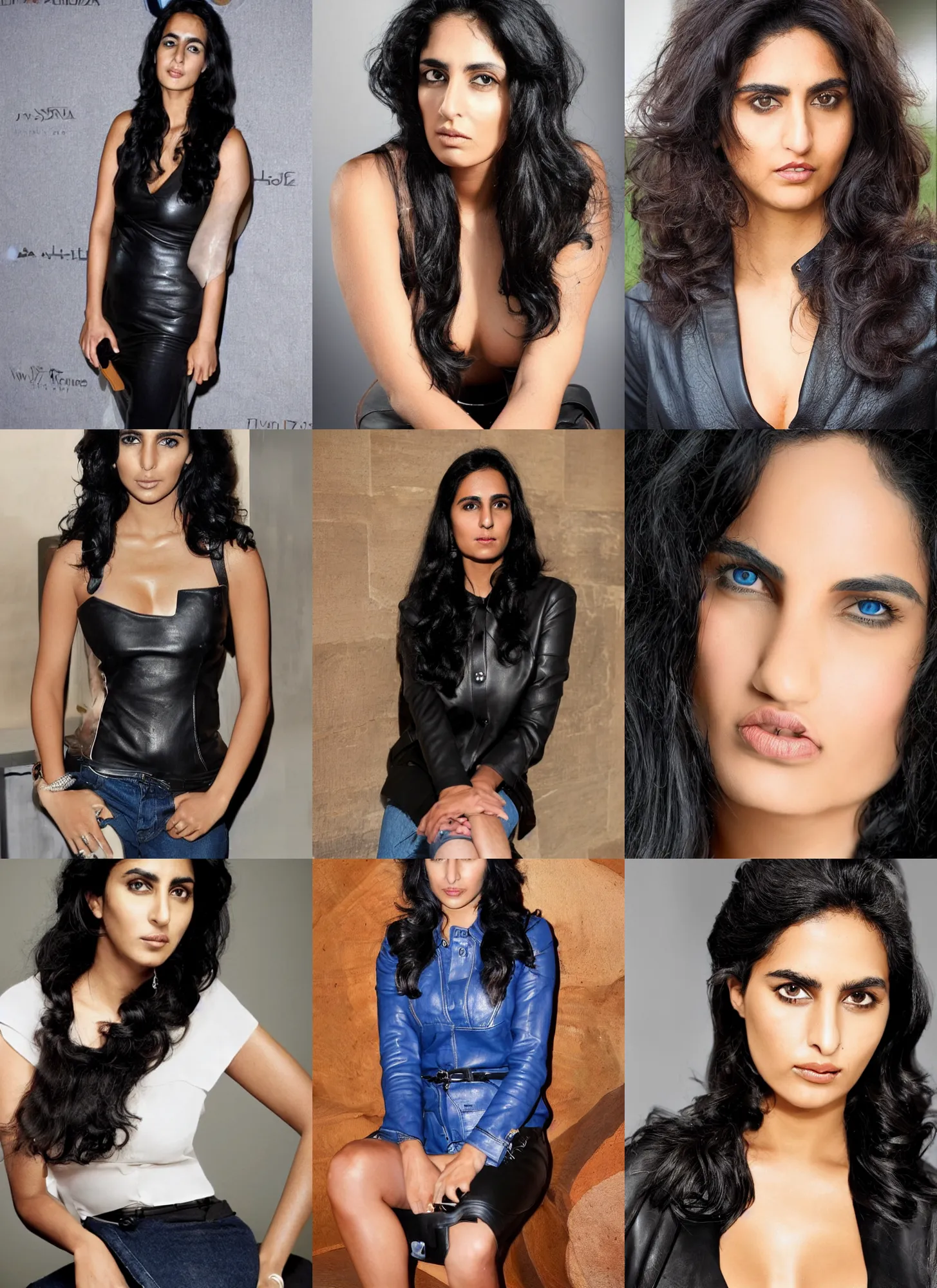 Prompt: tanned voluptuous ameera al taweel, blue eyes, wavy black hair, seductive, beautiful, serious, leather top, alluring, by jenny holzer
