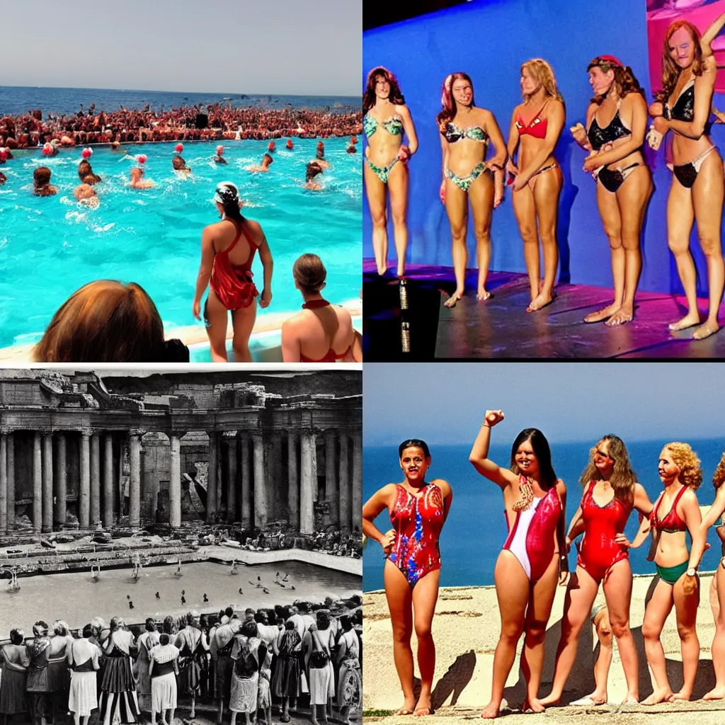 Prompt: photo of a women swimsuit contest on the roman empire circa 240dc