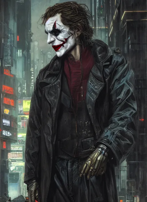 Image similar to the joker. cyberpunk mercenary in a cyberpunk jumpsuit ( blade runner 2 0 4 9, cyberpunk 2 0 7 7 ). orientalist portrait by john william waterhouse and james gurney and theodore ralli and nasreddine dinet, oil on canvas. cinematic, hyper realism, realistic proportions, dramatic lighting, high detail 4 k