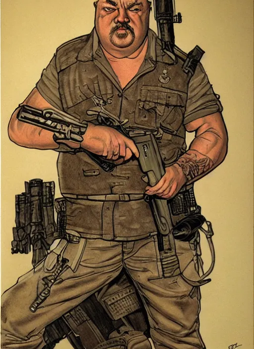 Image similar to gk chesterton as a buff mercenary with tattoos and a shotgun. portrait by james gurney and mœbius.