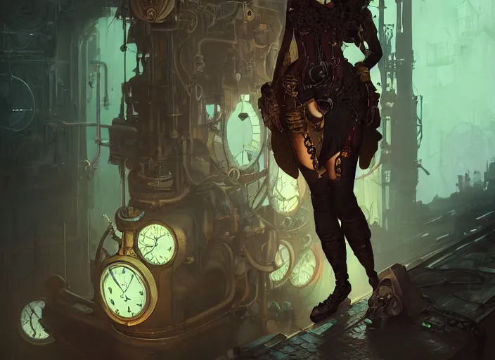 Image similar to woman model, steampunk!!! and modern, rgb, in creepy sewers, backlit, elegant, highly detailed, digital painting, artstation, concept art, smooth, sharp focus, illustration, art by krenz cushart and artem demura and alphonse mucha