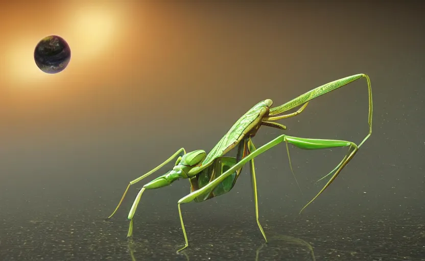 Image similar to inter dimensional sci - fi praying mantis far future, travelling across the stars, cosmos, galaxy, 8 k