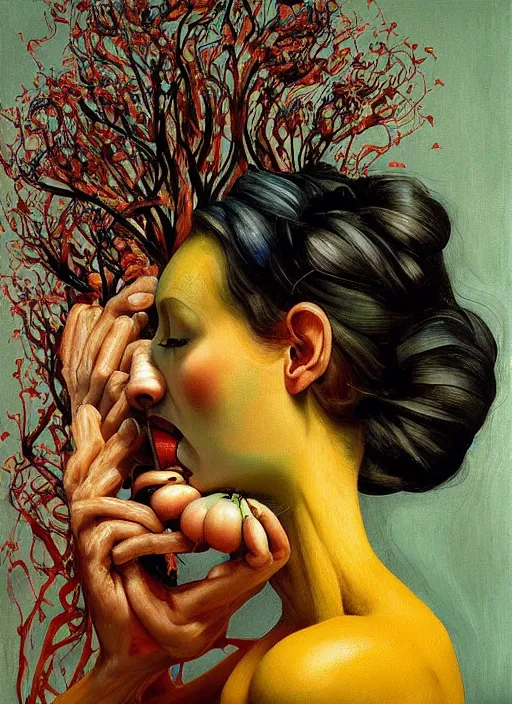 Image similar to Oil painting - She Eats of the Strangling Fruit and Her gossamer polyp blossoms bring iridescent fungal flowers whose spores black the foolish stars by Lucian Freud, and Mariusz Lewandowski, Abstract brush strokes, Masterpiece, Edward Hopper and James Gilleard, Zdzislaw Beksinski, Mark Ryden, Wolfgang Lettl, hyper detailed, hints of Yayoi Kasuma