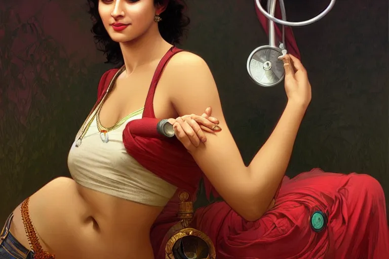 Image similar to sensual pale beautiful indian doctor in jeans with stethoscope, art deco portrait, elegant, intricate, digital painting, artstation, concept art, smooth, sharp focus, illustration, art by artgerm and greg rutkowski and alphonse mucha