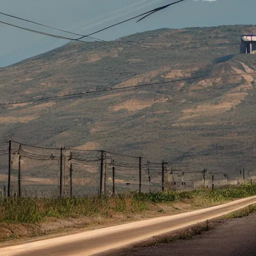 Image similar to a road next to warehouses, and a hill background with a radio tower on top, 3 0 0 mm telephoto lens