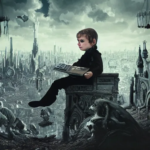 Image similar to a photo of young sad victorian gothic child with big eyes and wide grin sitting on a sofa of bones surrounded by a cyber futuristic cityscape made of human body parts, ultra detailed, 8 k resolution, beautiful lighting, expansive detailed layered city, landscape, 5 0 mm, perfect faces