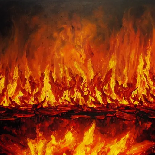 Prompt: hyper realistic oil painting of 10 thousand swords in a huge fire with embers rising up and war in the background