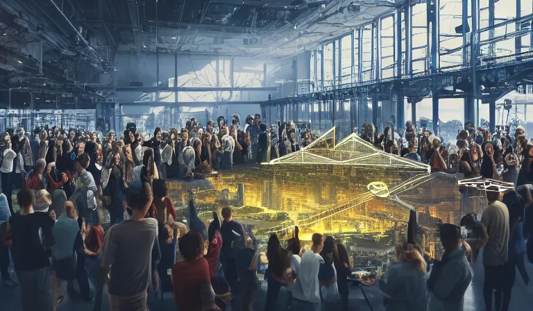 Prompt: large group people in simple warehouse, looking at hologram of futuristic city on a table, cinematic concept art, godrays, golden hour, natural sunlight, 4 k, clear details, tabletop model buildings, center model buildings, hologram center, crane shot, crane shot, crane shot