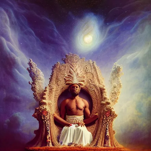 Prompt: obatala the cosmic god sitting on a throne of nebula clouds, by Agostino Arrivabene and amanda sage, matte painting, orisha, 8k, hd