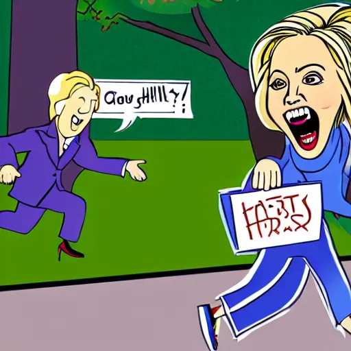 Prompt: large hillary clinton chasing after anthropomorphic envelopes running away in fear, cute cartoon artstyle, green sunny hills