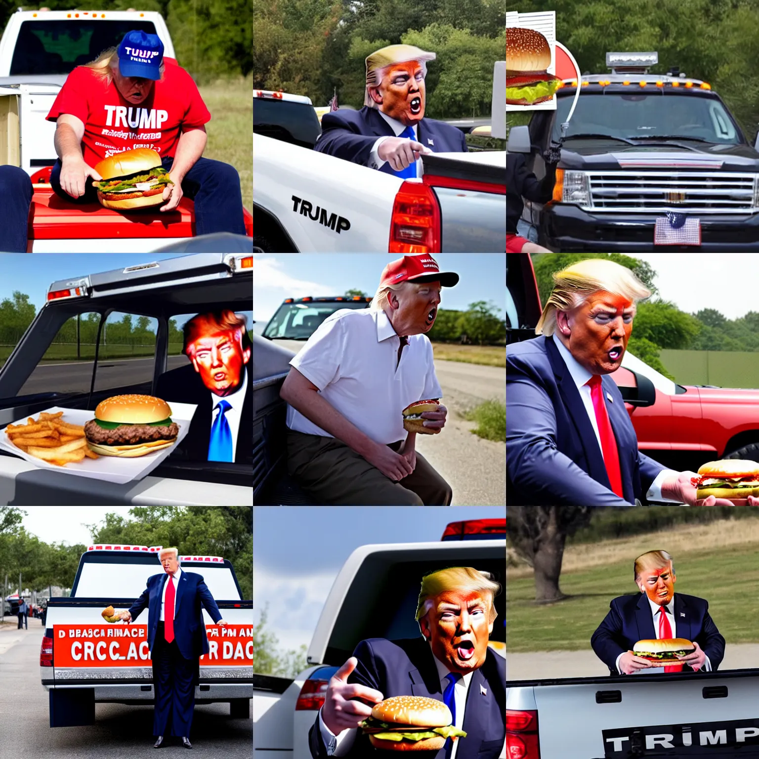 Prompt: donald trump eating a cheeseburger, sitting in the back of a pickup truck.