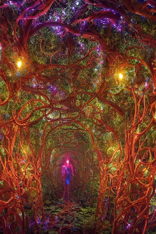 Image similar to extremely detailed complex intricate hyperdetailed tapestry of cybernetic biomech sacred fig tree roots in an industrial overgrown lush maze of webbed LED lights, by Clyde Caldwell, beautiful colors 8k hyperdetailed matte painting, raytracing, artstation, magic hour