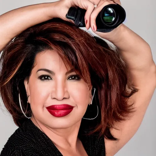 Prompt: dslr fashion!! photo portrait still of 5 1 year old age 5 1 selena quintanilla at age 5 1!!!, 8 5 mm f 1. 8, studio lighting, vogue