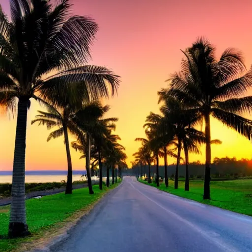 Image similar to A beautiful road with Palm trees on each side, sunset