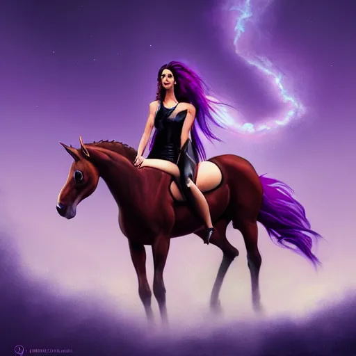 Image similar to painting of a very beautiful woman riding a centaur,, and a purple coloured leather jacket, one side haircut, long brown hair with light blue ends, portrait, hyperdetailed, artstation, cgsociety, synthwave by tangerine dream, by jean - michel jarre, by vangelis, by john carpenter