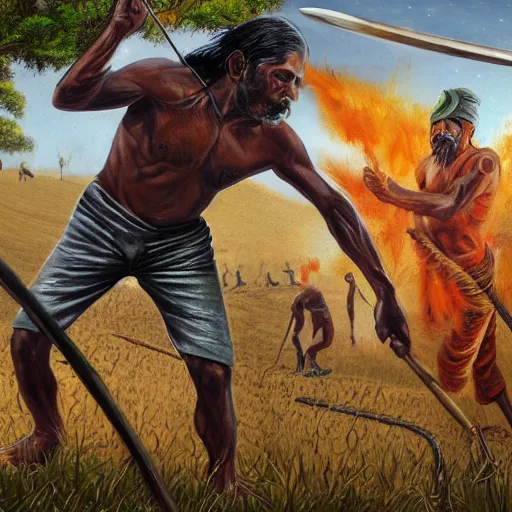 Image similar to portrait of head and body, single bangla farmer fighting on hoseback, hand to hand combat with machete, wielding machete, lungi, full body view, long flowing hair, fighting for his life, nebula aura surrounding subject, horseback combat attacker foreground, background of invading army, nestor canavarro hyperrealist art style, sharp outlines