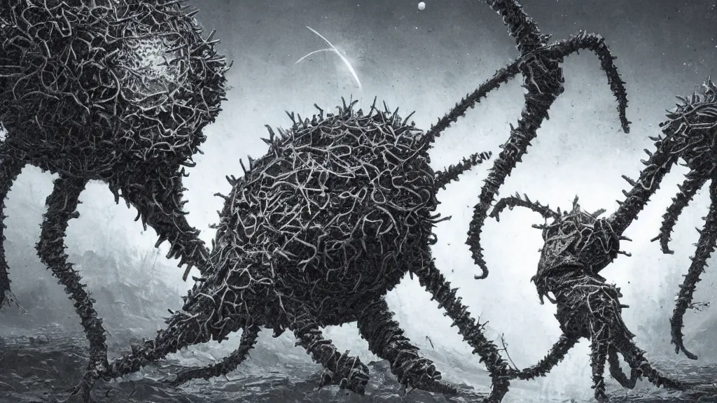 Image similar to a beautiful microscopic scientific photo of a virus and another strange life form seen through the electron microscope, dark, sinister, detailed art by Charles D'Orbigny and Greg Rutkowski