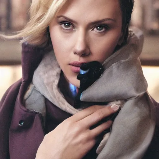 Image similar to a beautiful medium - shot of scarlett johansson looking off into the distance, black hairs with sleek angled bob hairstyle, in the style of ghost in the shell, ultra realistic, soft, blue hour, soft neons light from night city falling on her face. focus on her eyes and brows. by annie leibowitz