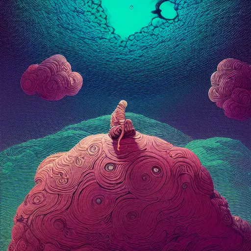 Prompt: Highly detailed swirly minimalist artstation painting by Victo Ngai, Kilian Eng vibrant colors, winning-award masterpiece, fantastically gaudy, aesthetic octane render, cyberskull portrait inspired in beksinski and dan mumford work, remixed with Simon Stalenhag work, sitting on the cosmic cloudscape