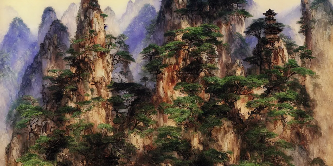 Image similar to the taoist temples of huangshan, artwork by thomas moran