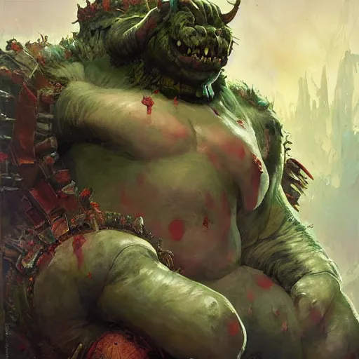 Prompt: huge hulking brute demon king wearing cape sitting on throne in science fiction hall, by sergey kolesov and lawrence alma tadema and norman rockwell and greg staples and craig mullins and john berkey and ruan jia, artstation creature art