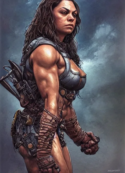 Image similar to exhausted Mila Kunis as a very muscled rugged looking Amazon, dirty, sweating, intricate, elegant, highly detailed, artstation, concept art, sharp focus, art by artgerm and donato giancola and Joseph Christian Leyendecker, WLOP