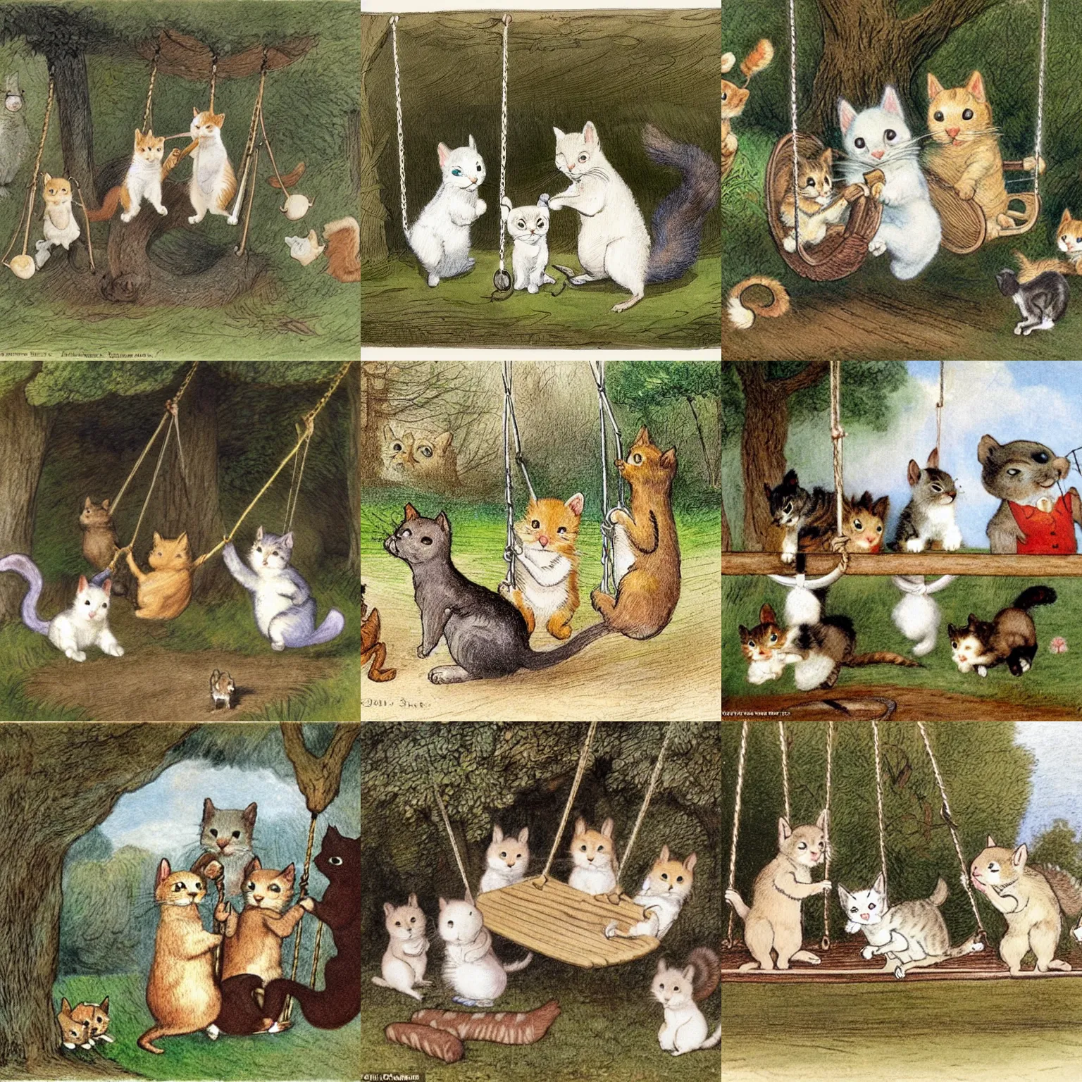 Prompt: A group of kittens, dogs and squirrels play on a swing together,Beatrix potter