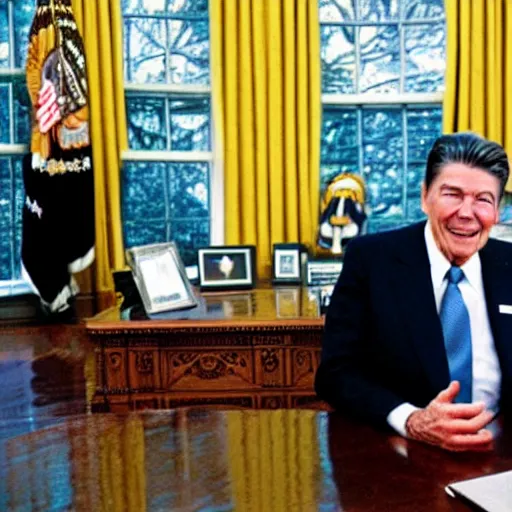 Image similar to a minion with president ronald reagan, zoom photograph, oval office,