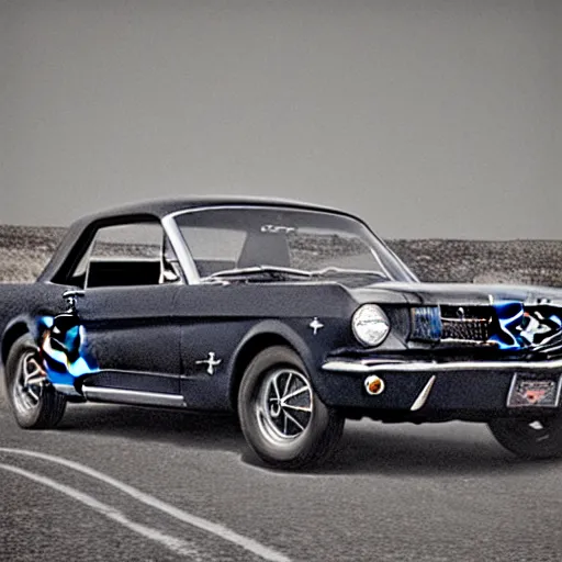 Prompt: “1965 Ford Mustang in a western town in 1800s, tintype print, photorealistic, high detail”