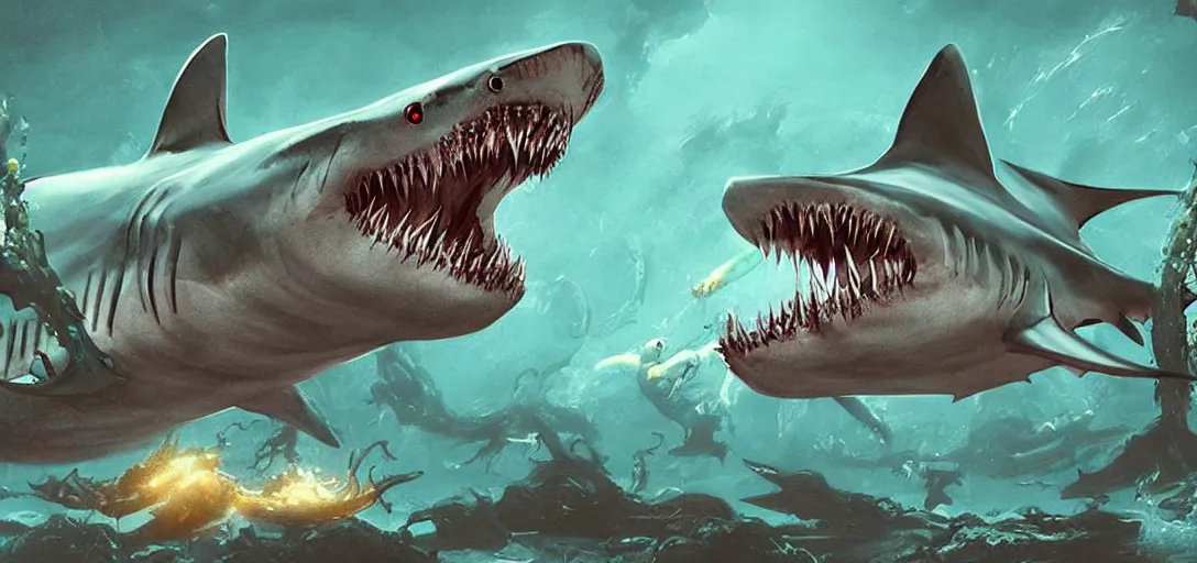 Image similar to concept art of shark attack, lovecraftian, lots of teeth, melting horror, fighting the horrors of the unknown with laser guns