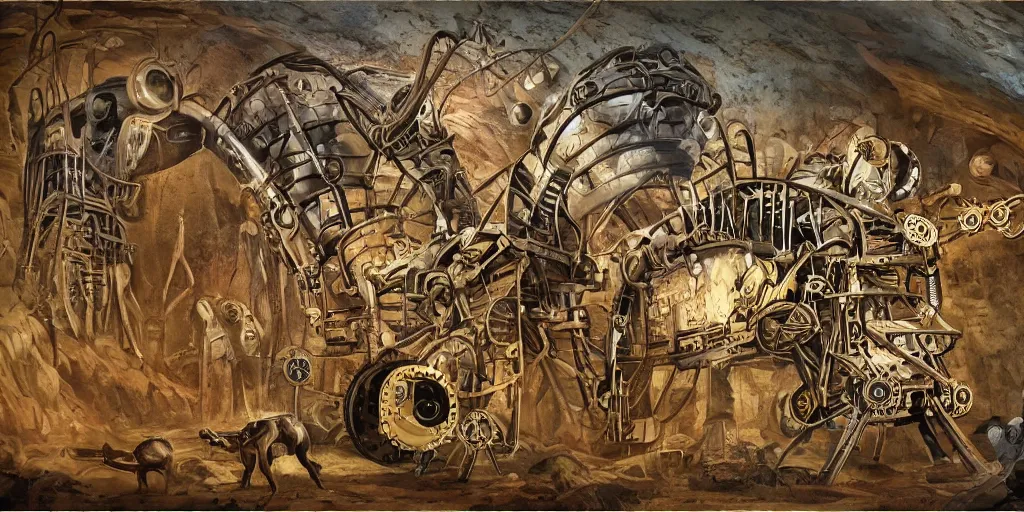 Image similar to a prehistoric cave painting of a giant steampunk futuristic retrofuturistic machine