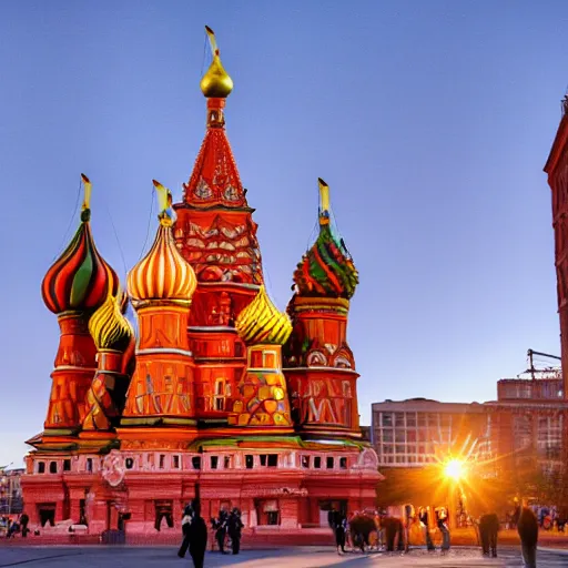 Prompt: symmetrical photo of giant mango sculpture on red square, super ariel wide shot, bokeh, golden hour