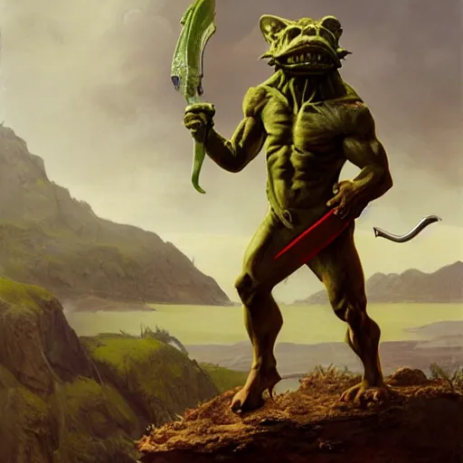 Image similar to matte painting, realistic art, dog - faced muscular goblin, ugly face, lizard tail, holding scimitar made of bone, scimitar, sword, jagged sword, curved sword, orkish sword, colorized, green skin, red sky, wasteland, hyper - detailed, primeval fantasy, prehistoric fantasy, art by jacques - louis david