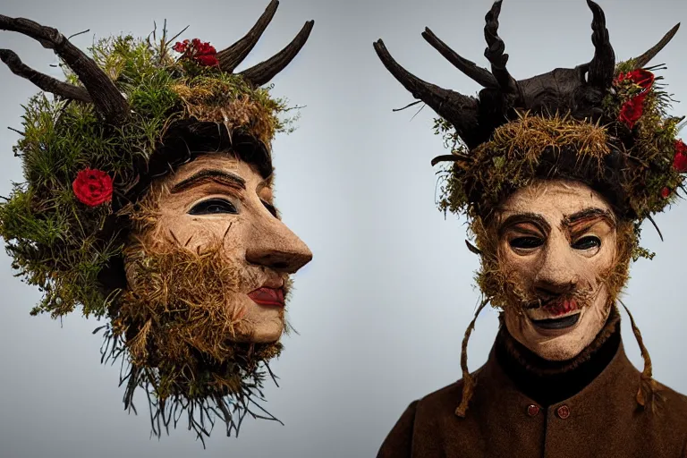 Image similar to portrait of a tyrolean folklore mask, wearing hay coat, with horns, eerie, flowers growing out of his body, detailed intricate insanely detailed octane render, 8k artistic 1920s photography, photorealistic, chiaroscuro, by David Cronenberg, Raphael, Caravaggio