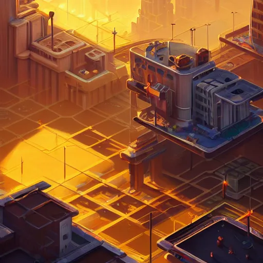 Prompt: isometric cybercity, golden hour by tyler edlin and petros afshar and christopher balaskas and marius borgeaud and kiliain eng, global illumination, ambient occlusion, 3 0 mm, well proportioned, highly detailed, rule of thirds