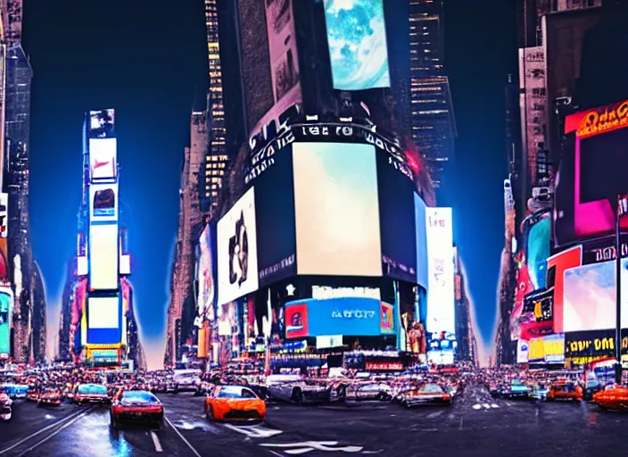 Image similar to film still of the moon shattering into pieces over time square in the new sci - fi movie, 8 k, night time